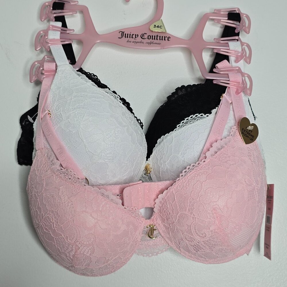 3 Juicy Couture Sexy Extreme‎ Pushup Bras 34C Pink Black White Lace Lot Set NEW